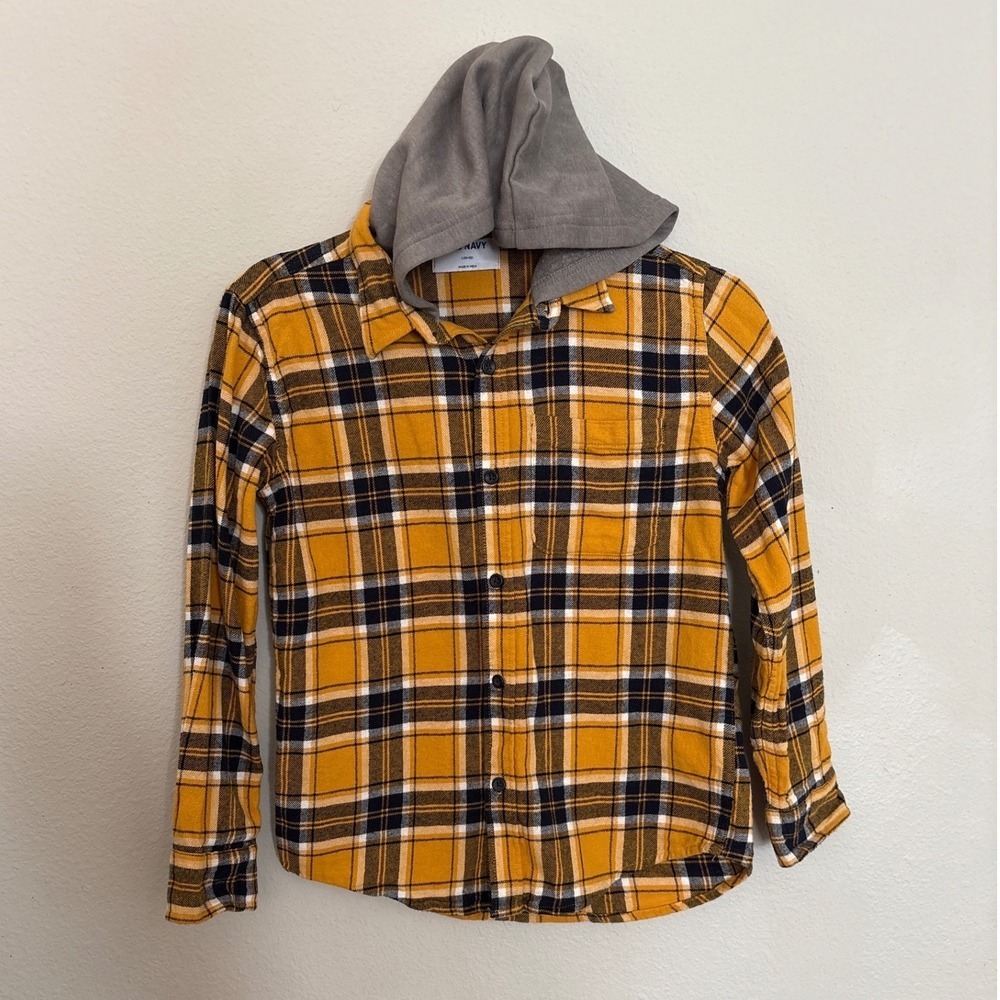 Old Navy Boys Plaid Flannel Hooded Shirt Yellow Black White Size L 10-12